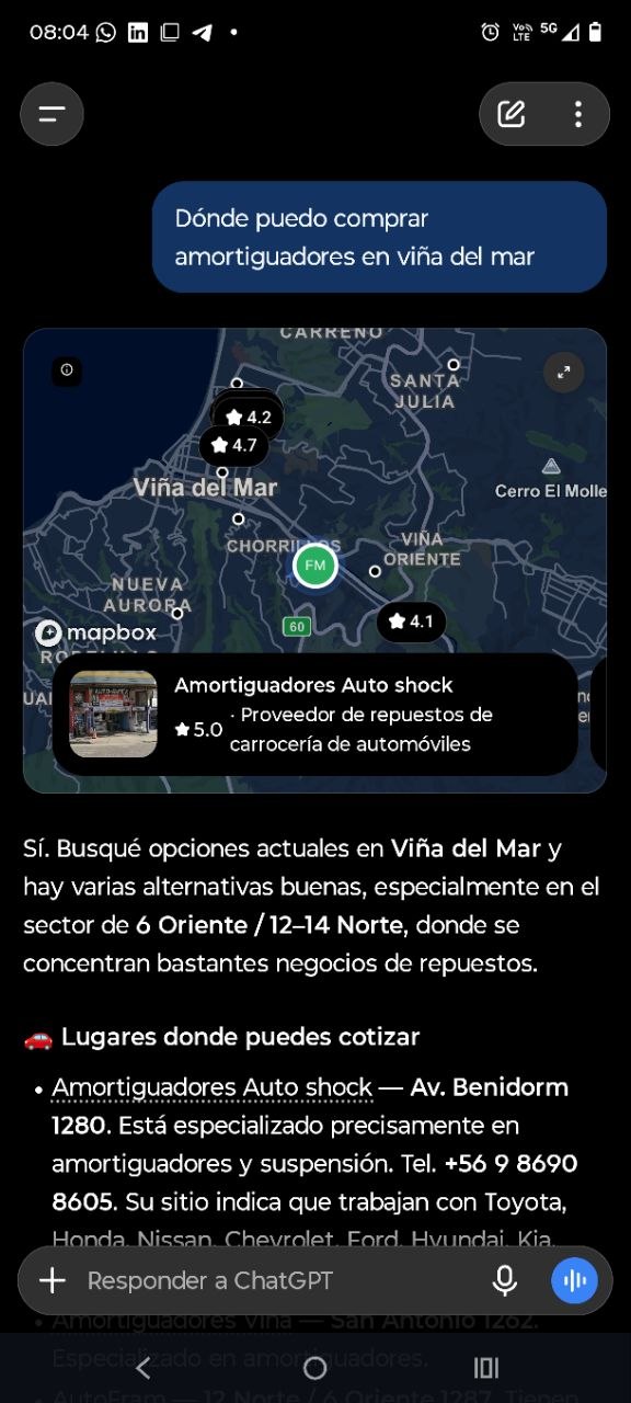 Respuesta de ChatGPT a «dónde puedo comprar amortiguadores en Viña del Mar» nombrando a Auto Shock y citando su sitio
