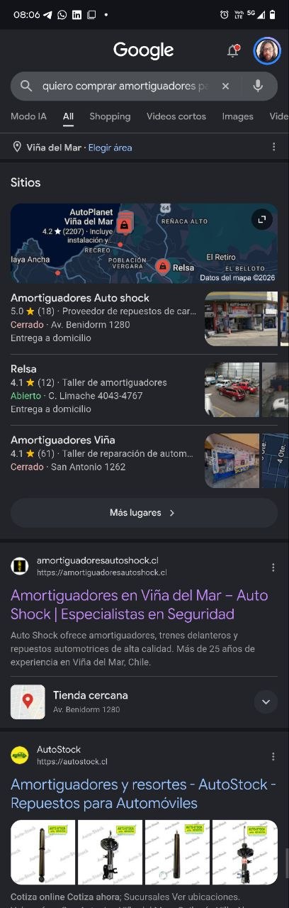 Resultado de Google para «quiero comprar amortiguadores» con la web de Auto Shock en primera posición orgánica y en el bloque de sitios con 5,0 y 18 reseñas